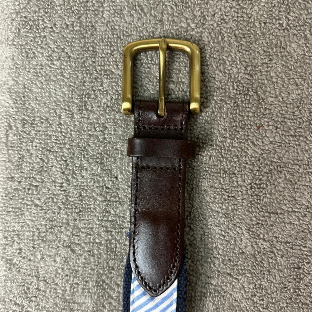 Vineyard Vines Mens 36 Striped Canvas Leather Club Belt Blue VV-1A1016 Brass